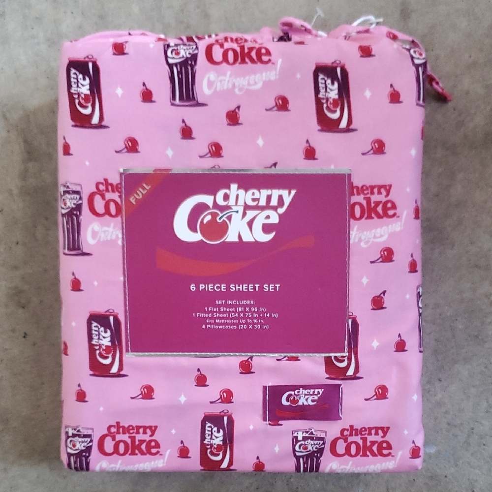 Cherry Coke Full Size Pink 6-Piece Sheet Set Flat Fitted 4 Pillowcases Coca-Cola